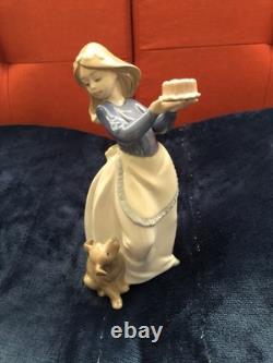 7.5 Vintage NAO by Lladro Puppy Birthday, Girl with a cake and puppy Spain 1987