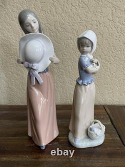 Bashful Girl with Straw Hat Lladro #5007 & NAO Lladro Girl with Puppy Basket Vintage