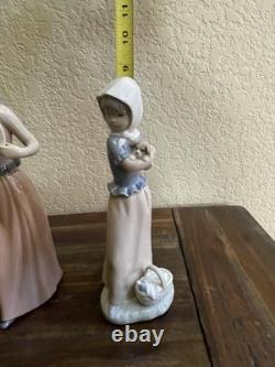 Bashful Girl with Straw Hat Lladro #5007 & NAO Lladro Girl with Puppy Basket Vintage