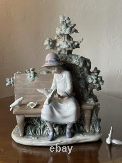 LARGE 14 Lladro Nao Porcelain Figurine Girl on Bench Feeding Birds Doves Spain