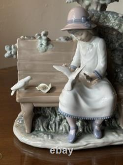LARGE 14 Lladro Nao Porcelain Figurine Girl on Bench Feeding Birds Doves Spain