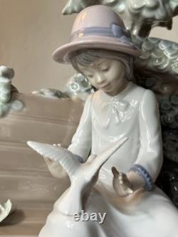 LARGE 14 Lladro Nao Porcelain Figurine Girl on Bench Feeding Birds Doves Spain