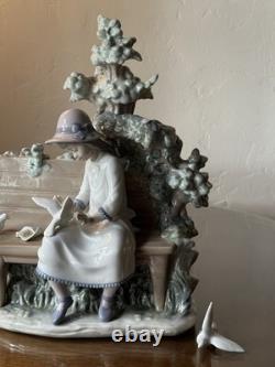 LARGE 14 Lladro Nao Porcelain Figurine Girl on Bench Feeding Birds Doves Spain