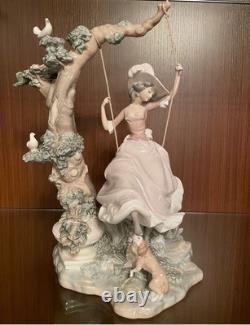 LARGE 14 Lladro Nao Porcelain Figurine Girl on Bench Feeding Birds Doves Spain
