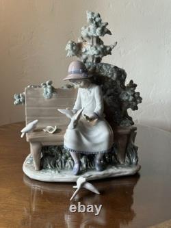 LARGE 14 Lladro Nao Porcelain Figurine Girl on Bench Feeding Birds Doves Spain