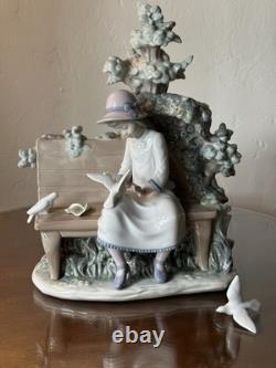 LARGE 14 Lladro Nao Porcelain Figurine Girl on Bench Feeding Birds Doves Spain