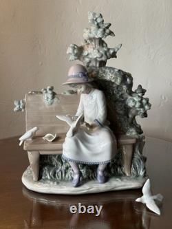 LARGE 14 Lladro Nao Porcelain Figurine Girl on Bench Feeding Birds Doves Spain