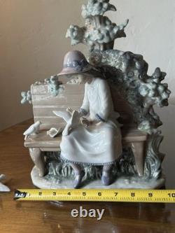 LARGE 14 Lladro Nao Porcelain Figurine Girl on Bench Feeding Birds Doves Spain