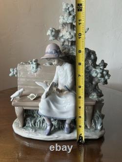 LARGE 14 Lladro Nao Porcelain Figurine Girl on Bench Feeding Birds Doves Spain