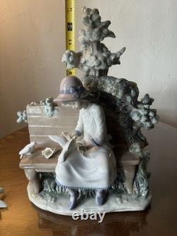 LARGE 14 Lladro Nao Porcelain Figurine Girl on Bench Feeding Birds Doves Spain