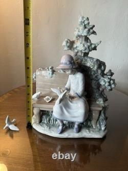LARGE 14 Lladro Nao Porcelain Figurine Girl on Bench Feeding Birds Doves Spain