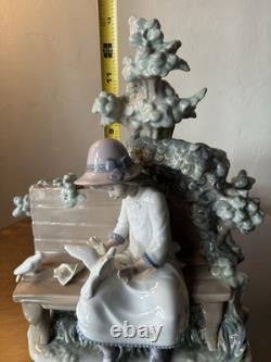 LARGE 14 Lladro Nao Porcelain Figurine Girl on Bench Feeding Birds Doves Spain