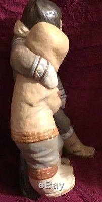 Large Lladro Gres Figurine Standing Eskimo Boy & Girl 34cm High Excellent Cond