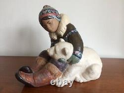 Large Lladro Gres Seated Eskimo Boy & Polar Bear 12097 Excellent With Box