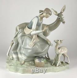 Large Lladro -girl With Gazelle- Figure 1091 Lady Child Woman Dress Deer Fawn