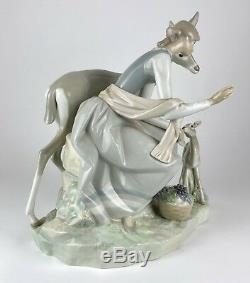 Large Lladro -girl With Gazelle- Figure 1091 Lady Child Woman Dress Deer Fawn