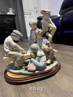 Large Nao by LLADRO Figure Boys Playing Cards With Wooden Base