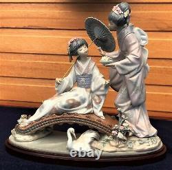 Lladro 1445 Springtime in Japan Two Geisha Girls on Bridge. Crane Under Bridge