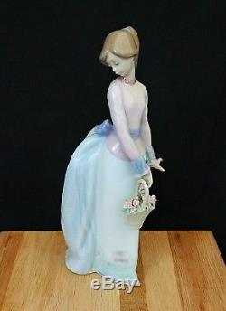 Lladro 7622 Basket of Love Figurine, Lady With Basket of Flowers and Ponytail