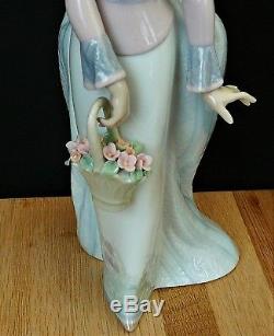 Lladro 7622 Basket of Love Figurine, Lady With Basket of Flowers and Ponytail