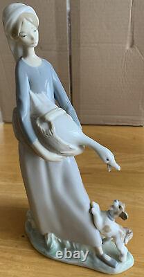 Lladro Figure-girl Holding A Goose Standing With Her Playful Puppy Immaculate