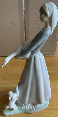 Lladro Figure-girl Holding A Goose Standing With Her Playful Puppy Immaculate