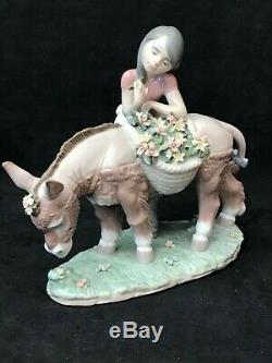 Lladro Figurine 6165 Pretty Cargo Girl standing by Donkey With Baskets of Flow