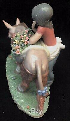 Lladro Figurine 6165 Pretty Cargo Girl standing by Donkey With Baskets of Flow