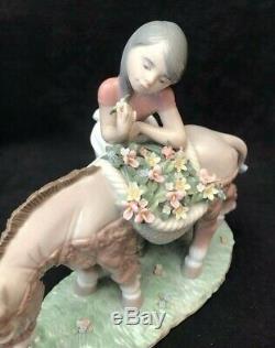 Lladro Figurine 6165 Pretty Cargo Girl standing by Donkey With Baskets of Flow