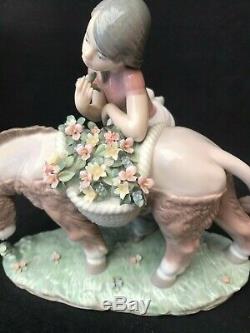 Lladro Figurine 6165 Pretty Cargo Girl standing by Donkey With Baskets of Flow