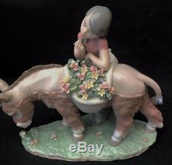 Lladro Figurine 6165 Pretty Cargo Girl standing by Donkey With Baskets of Flow