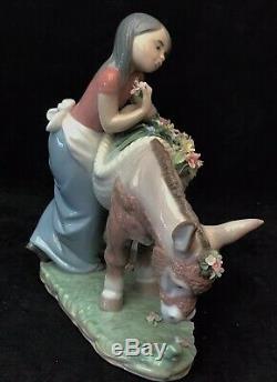 Lladro Figurine 6165 Pretty Cargo Girl standing by Donkey With Baskets of Flow