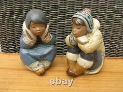 Lladro Gres 2158 & 2159 Pensive Eskimo Girl and Boy MINT