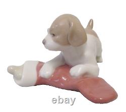 Lladro Nao Figure Puppy Dog With Christmas Stocking Containing Bone