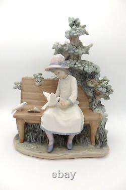 Lladro Nao Porcelain Figurine Girl on Bench Feeding Birds Doves Handmade Spain