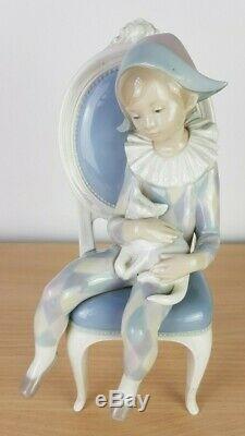 Lladro Pottery Young Harlequin Boy Figurine with Cat on Chair Gloss Finish