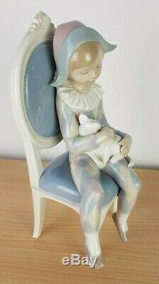 Lladro Pottery Young Harlequin Boy Figurine with Cat on Chair Gloss Finish