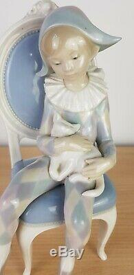 Lladro Pottery Young Harlequin Boy Figurine with Cat on Chair Gloss Finish