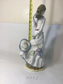 NAO Lladro Lady with Umbrella Lost Hat Porcelain Figure 16 Tall Spain
