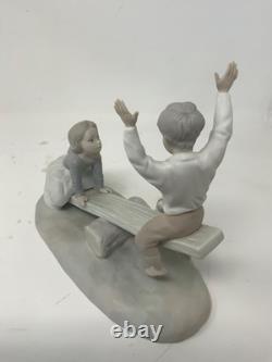 NAO Lladro Spain Bisque Porcelain Boy and Girl on Seesaw with Dog