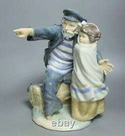 Nao By Lladro Large Figure Sea Captain Sailor & Child- Waiting For The Fishermen