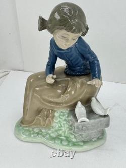 Nao Lladro 2 Figurines Spain Lets rest Doggie on log Ever so gently girl birds