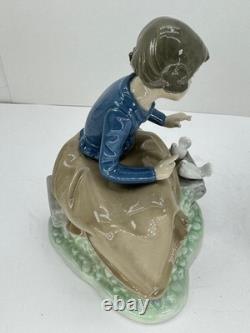 Nao Lladro 2 Figurines Spain Lets rest Doggie on log Ever so gently girl birds