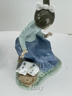 Nao Lladro 2 Figurines Spain Lets rest Doggie on log Ever so gently girl birds
