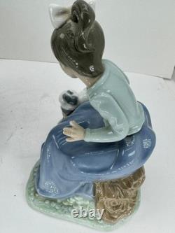 Nao Lladro 2 Figurines Spain Lets rest Doggie on log Ever so gently girl birds