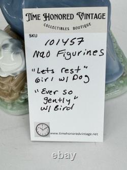 Nao Lladro 2 Figurines Spain Lets rest Doggie on log Ever so gently girl birds