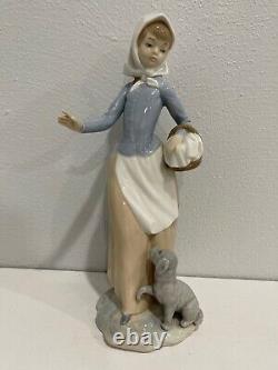 Nao / Lladro Porcelain Figurine Girl / Woman Carrying Basket w Puppy Dog at Feet