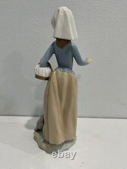 Nao / Lladro Porcelain Figurine Girl / Woman Carrying Basket w Puppy Dog at Feet