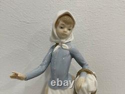 Nao / Lladro Porcelain Figurine Girl / Woman Carrying Basket w Puppy Dog at Feet