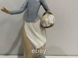 Nao / Lladro Porcelain Figurine Girl / Woman Carrying Basket w Puppy Dog at Feet